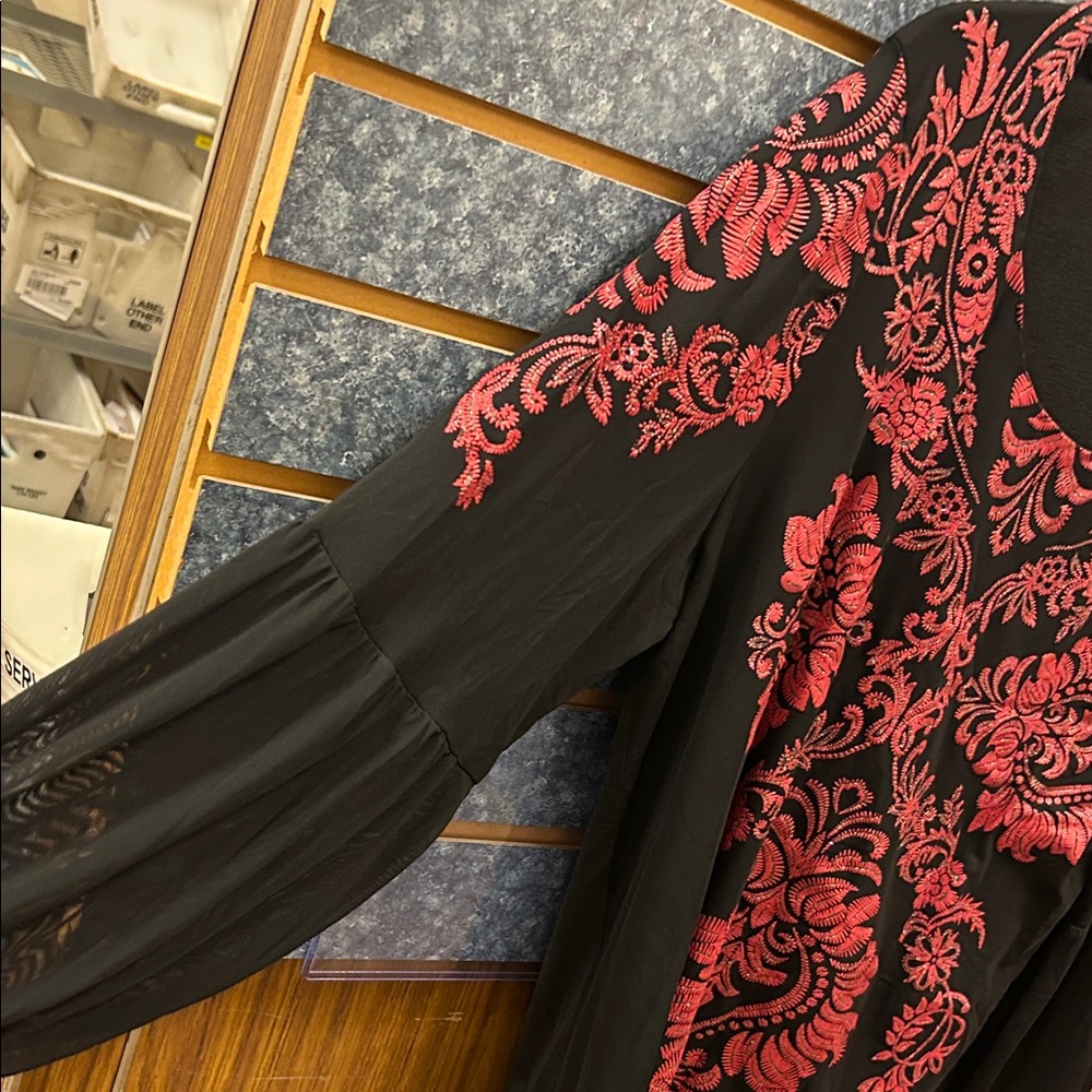 JM Collection Black Blouse with Red Embroidery - Picture 3 of 5